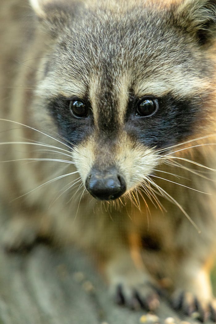 A detailed close-up shot of a Guadeloupe raccoon highlighting its dark mask and fur texture.